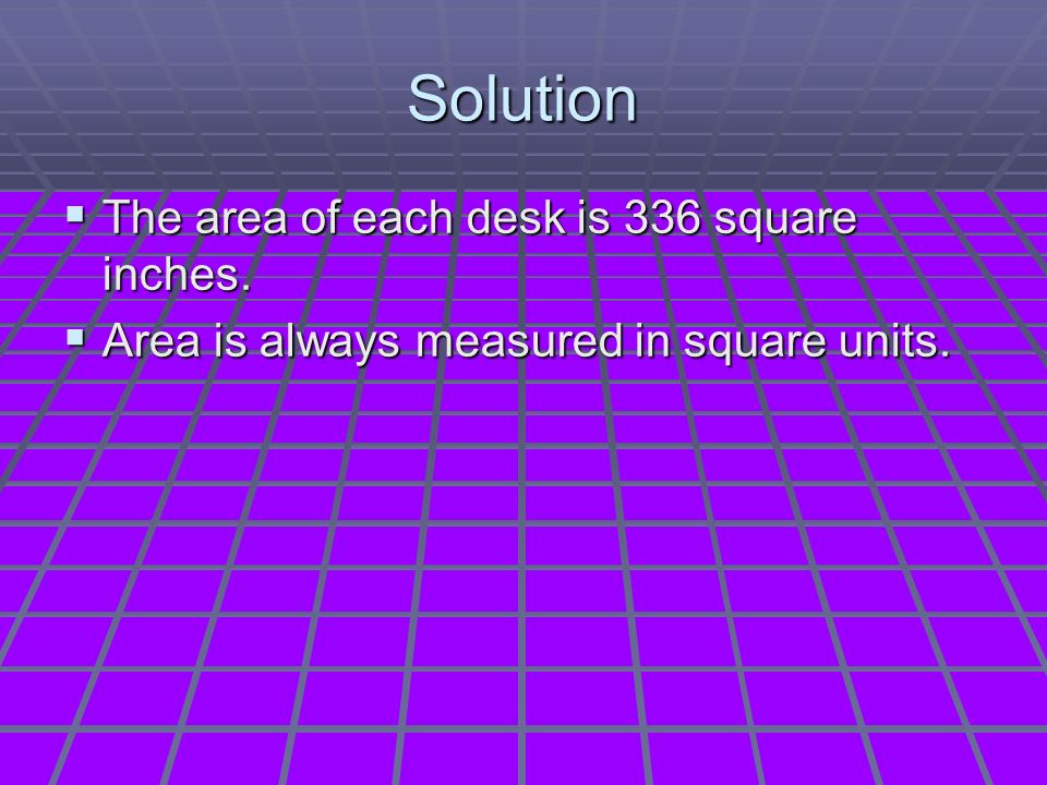 Solution  The area of each desk is 336 square inches.  Area is always measured in square units.