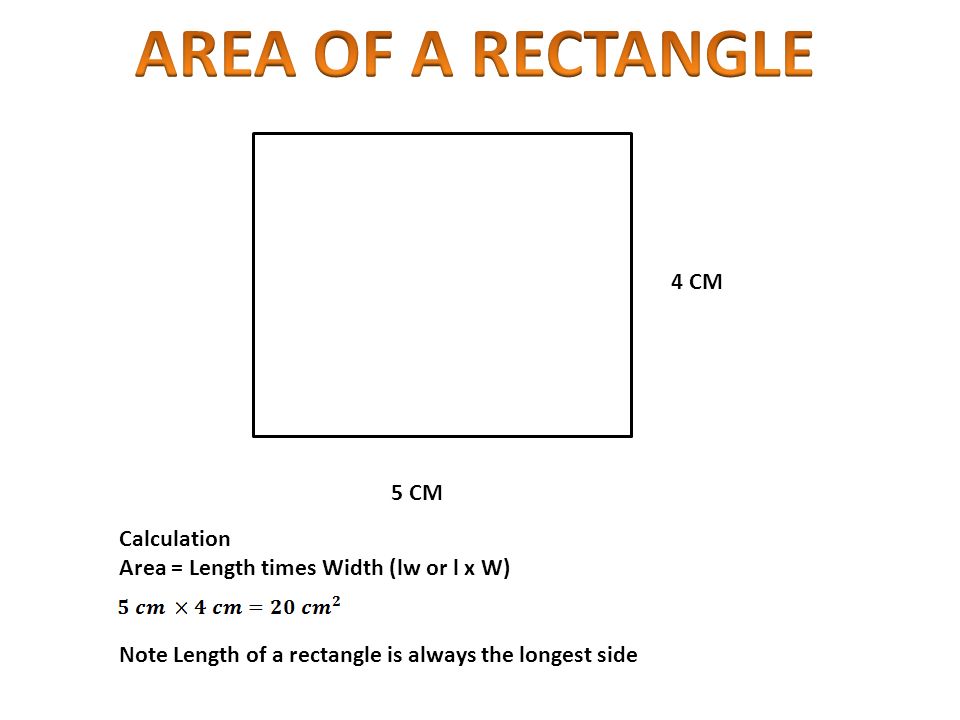 5 Cm 4 Cm Calculation Area Length Times Width Lw Or L X W Note Length Of A Rectangle Is Always The Longest Side Ppt Download