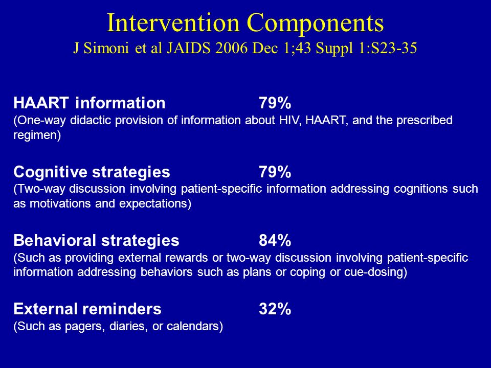 Intervention Components J Simoni et al JAIDS 2006 Dec 1;43 Suppl 1:S23-35 HAART information 79% (One-way didactic provision of information about HIV, HAART, and the prescribed regimen) Cognitive strategies 79% (Two-way discussion involving patient-specific information addressing cognitions such as motivations and expectations) Behavioral strategies 84% (Such as providing external rewards or two-way discussion involving patient-specific information addressing behaviors such as plans or coping or cue-dosing) External reminders32% (Such as pagers, diaries, or calendars)