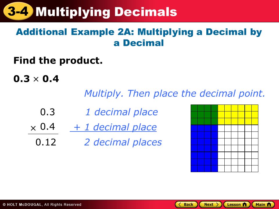 3-4 Multiplying Decimals Additional Example 2A: Multiplying a Decimal by a Decimal Find the product.