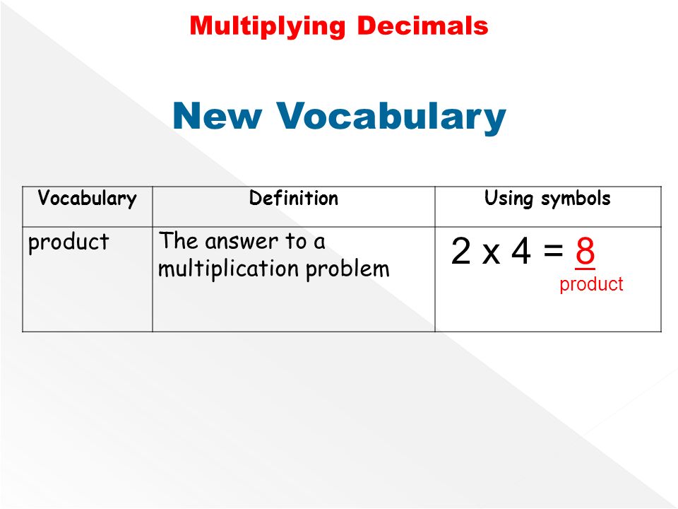New Vocabulary VocabularyDefinitionUsing symbols productThe answer to a multiplication problem 2 x 4 = 8 product Multiplying Decimals