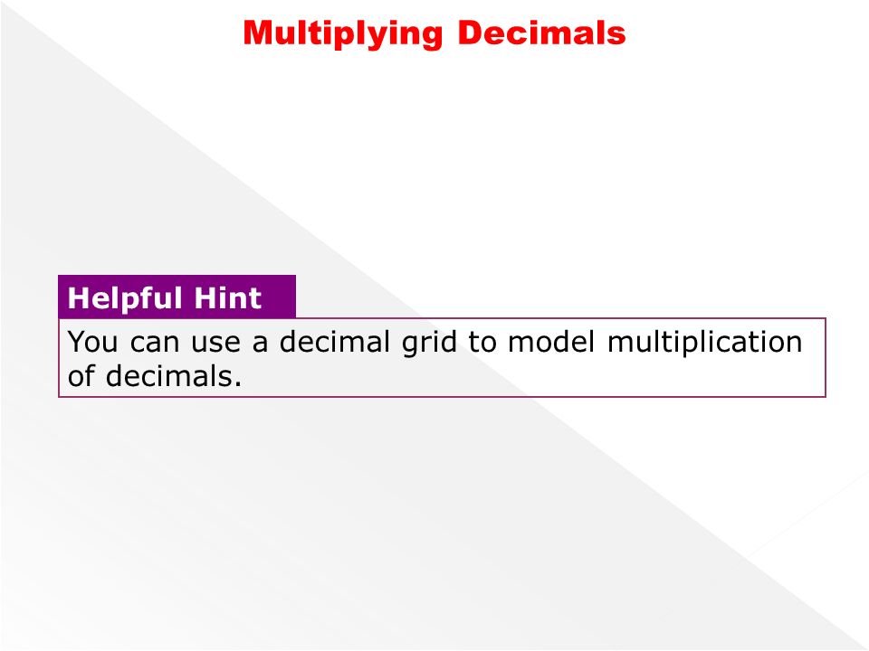 You can use a decimal grid to model multiplication of decimals. Helpful Hint Multiplying Decimals