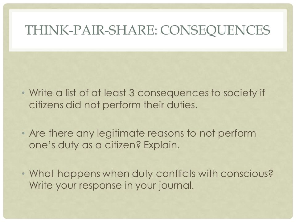 THINK-PAIR-SHARE: CONSEQUENCES Write a list of at least 3 consequences to society if citizens did not perform their duties.