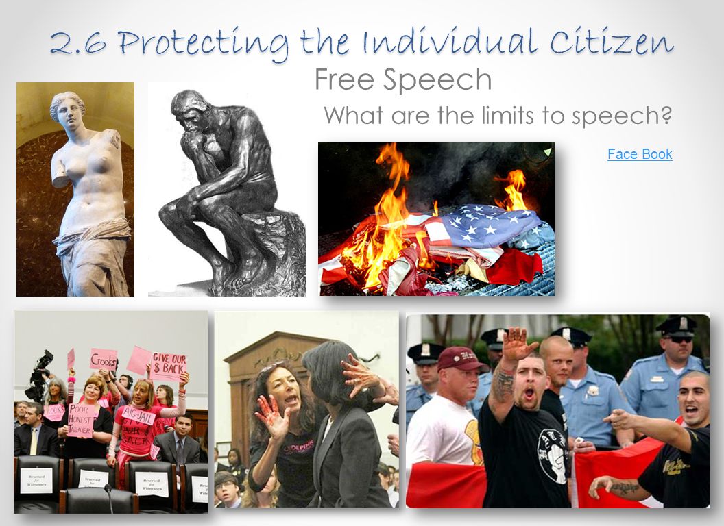 2.6 Protecting the Individual Citizen Free Speech What are the limits to speech Face Book