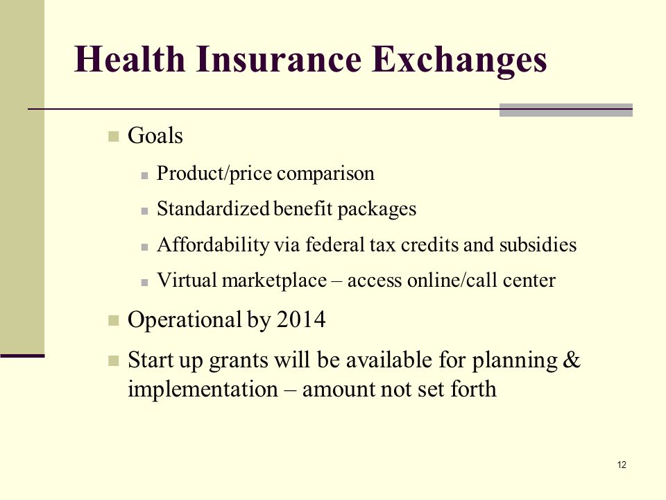 12 Health Insurance Exchanges Goals Product/price comparison Standardized benefit packages Affordability via federal tax credits and subsidies Virtual marketplace – access online/call center Operational by 2014 Start up grants will be available for planning & implementation – amount not set forth