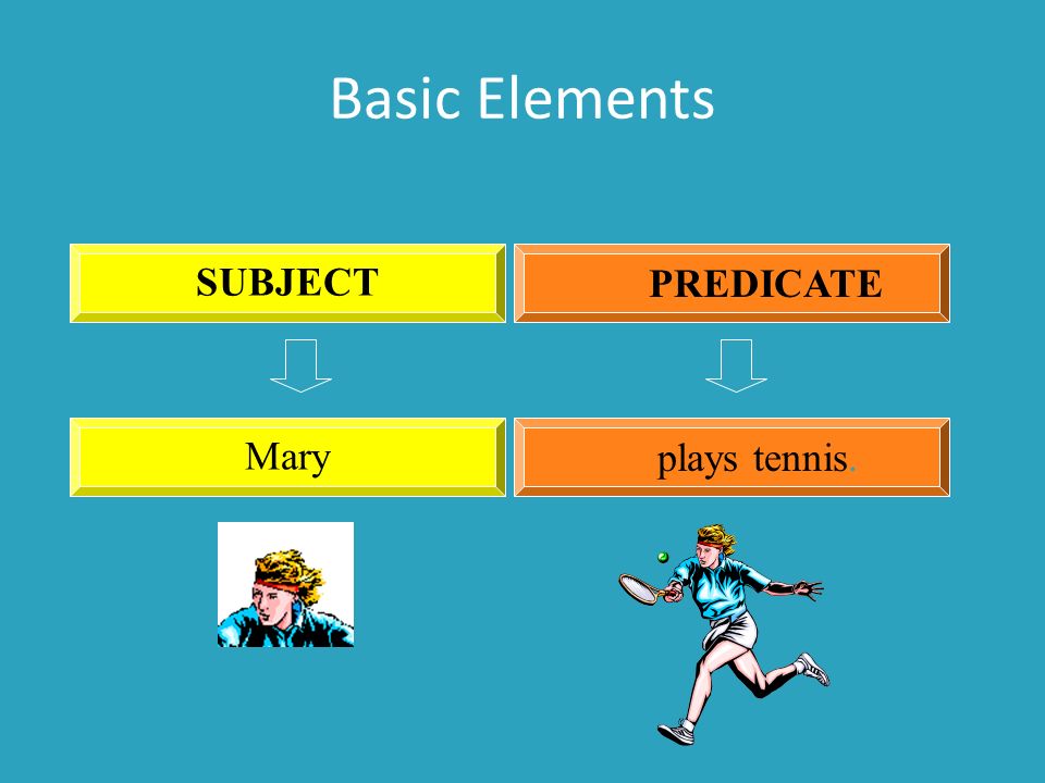 Basic Elements Mary plays tennis. SUBJECT PREDICATE