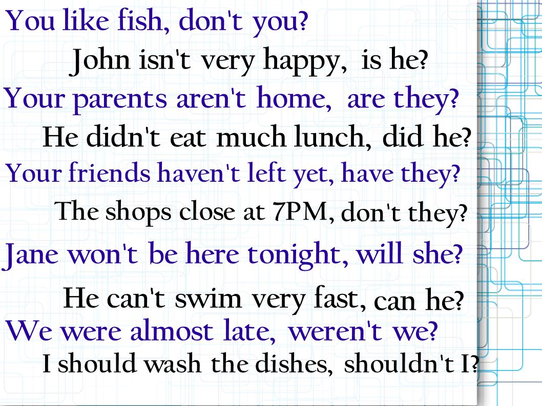 You like fish,don t you. John isn t very happy,is he.