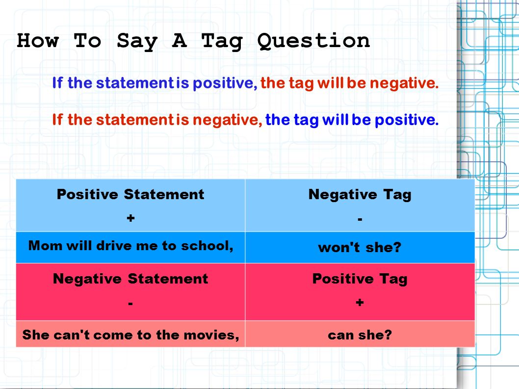 How To Say A Tag Question Positive Statement + Negative Tag - Mom will drive me to school, won t she.