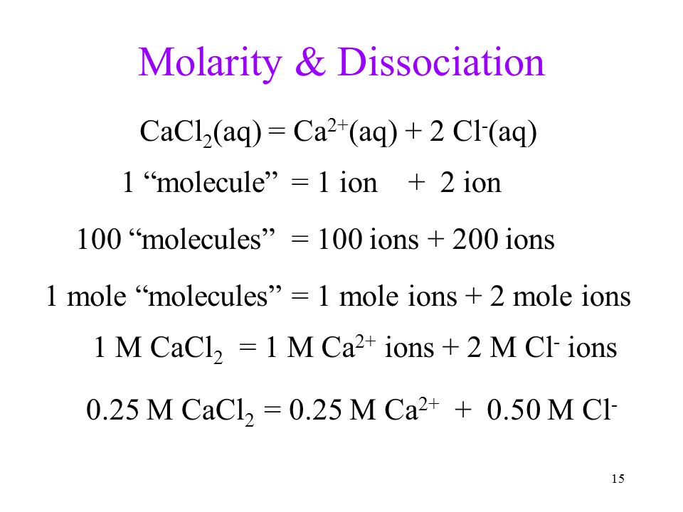 15 Molarity & Dissociation CaCl 2 (aq) = Ca 2+ (aq) + 2 Cl - (aq) 1 molecule = 1 ion + 2 ion 100 molecules = 100 ions ions 1 mole molecules = 1 mole ions + 2 mole ions 1 M CaCl 2 = 1 M Ca 2+ ions + 2 M Cl - ions 0.25 M CaCl 2 = 0.25 M Ca M Cl -