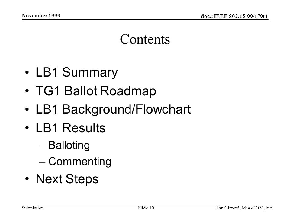 doc.: IEEE /179r1 Submission November 1999 Ian Gifford, M/A-COM, Inc.Slide 10 Contents LB1 Summary TG1 Ballot Roadmap LB1 Background/Flowchart LB1 Results –Balloting –Commenting Next Steps