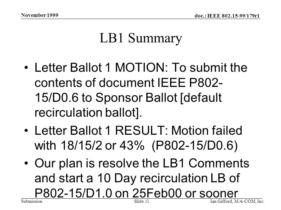 doc.: IEEE /179r1 Submission November 1999 Ian Gifford, M/A-COM, Inc.Slide 11 LB1 Summary Letter Ballot 1 MOTION: To submit the contents of document IEEE P /D0.6 to Sponsor Ballot [default recirculation ballot].