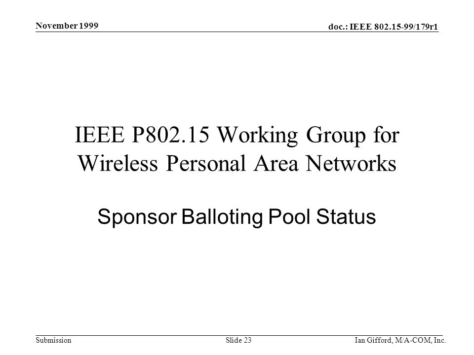 doc.: IEEE /179r1 Submission November 1999 Ian Gifford, M/A-COM, Inc.Slide 23 IEEE P Working Group for Wireless Personal Area Networks Sponsor Balloting Pool Status