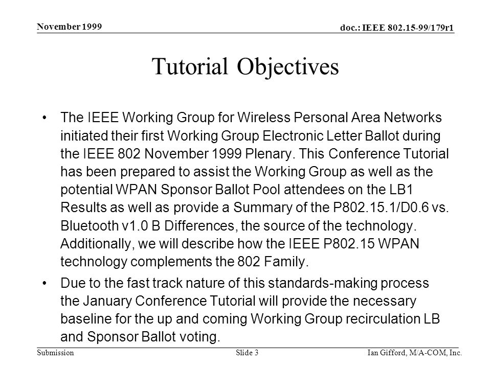 doc.: IEEE /179r1 Submission November 1999 Ian Gifford, M/A-COM, Inc.Slide 3 Tutorial Objectives The IEEE Working Group for Wireless Personal Area Networks initiated their first Working Group Electronic Letter Ballot during the IEEE 802 November 1999 Plenary.