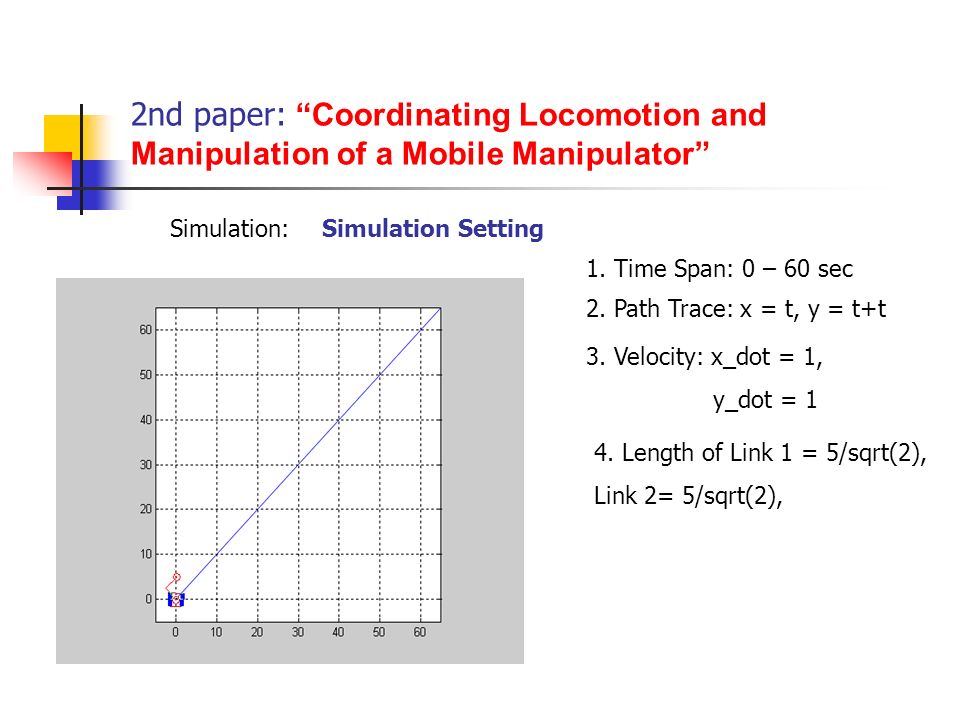 2nd paper: Coordinating Locomotion and Manipulation of a Mobile Manipulator Simulation:Simulation Setting 1.