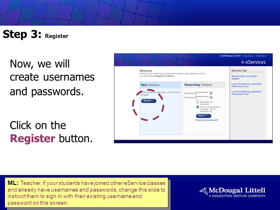 Now, we will create usernames and passwords. Click on the Register button.
