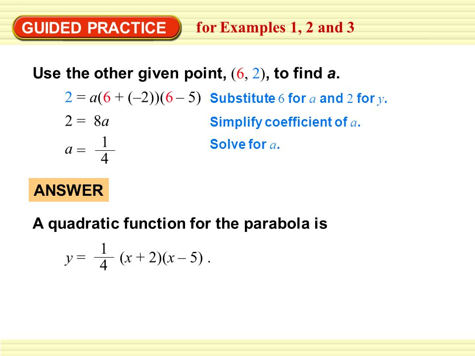GUIDED PRACTICE for Examples 1, 2 and 3 Use the other given point, (6, 2), to find a.