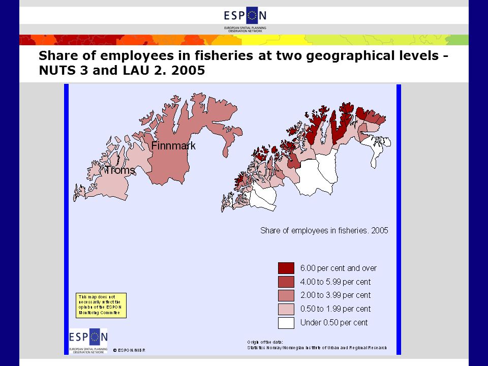 Share of employees in fisheries at two geographical levels - NUTS 3 and LAU