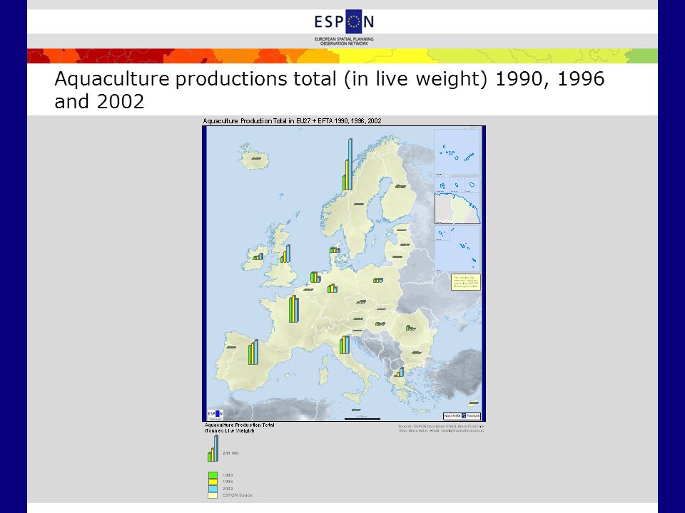 Aquaculture productions total (in live weight) 1990, 1996 and 2002