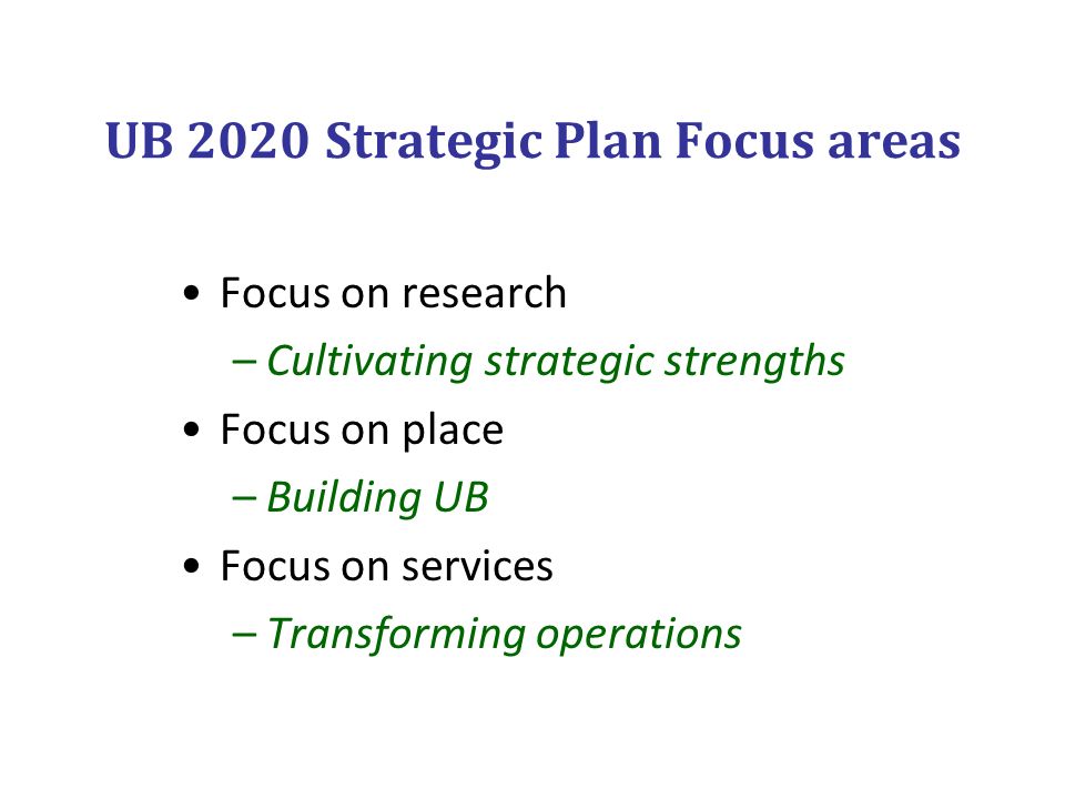 UB 2020 Strategic Plan Focus areas Focus on research –Cultivating strategic strengths Focus on place –Building UB Focus on services –Transforming operations