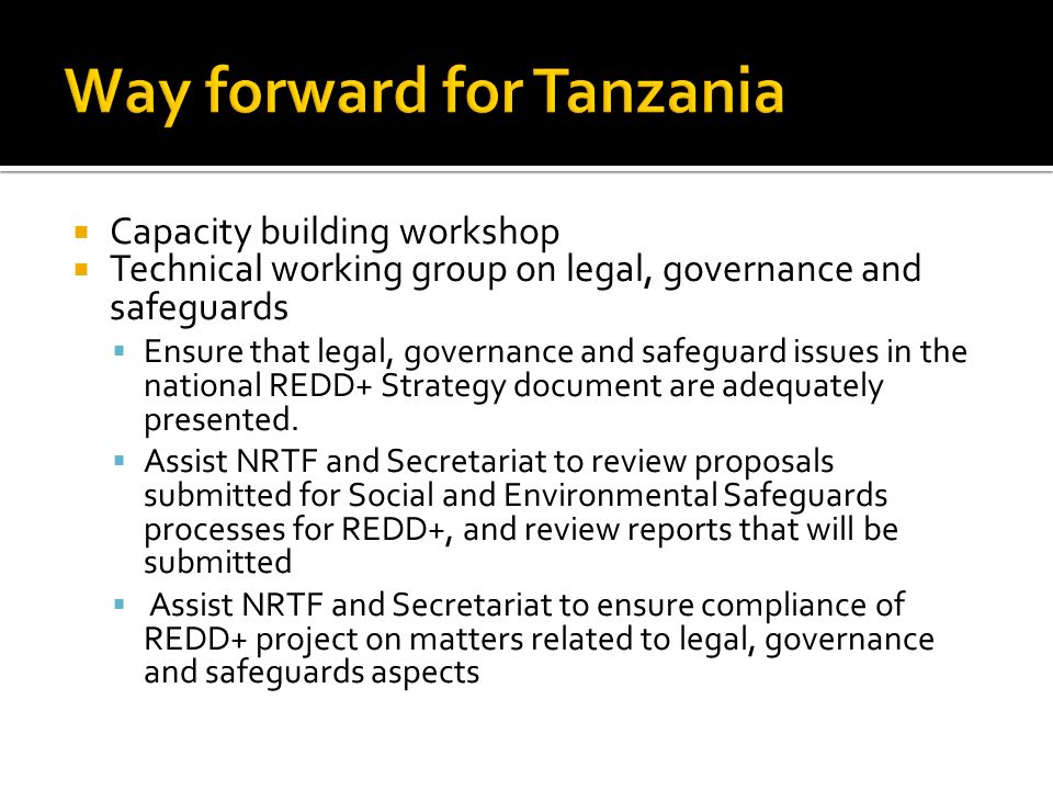  Capacity building workshop  Technical working group on legal, governance and safeguards  Ensure that legal, governance and safeguard issues in the national REDD+ Strategy document are adequately presented.