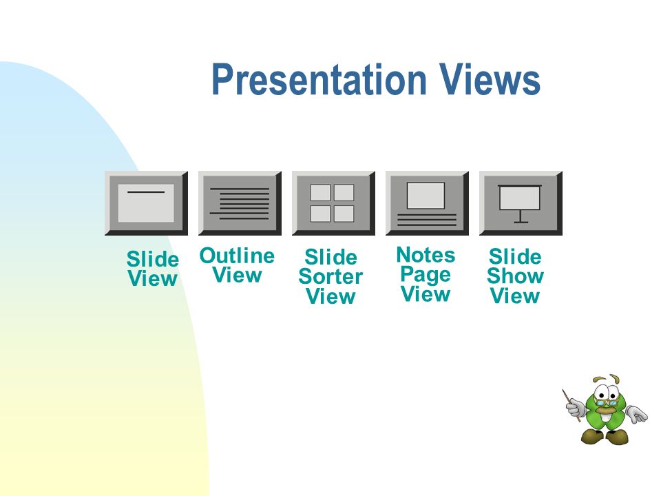 Presentation Views n Change the view in your presentation by clicking on the View buttons at the bottom of your screen.