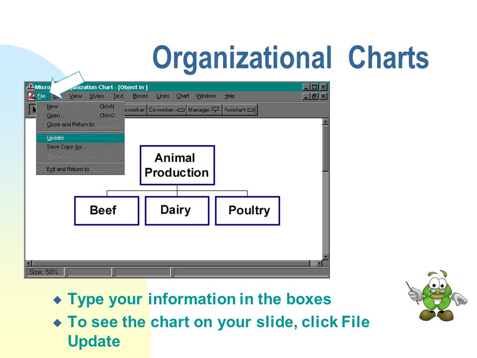 Click Organization Chart on the Insert Picture menu selection... Organizational Charts