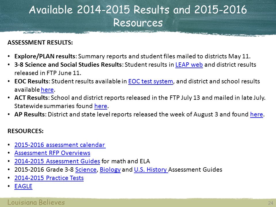 Available Results and Resources 24 Louisiana Believes ASSESSMENT RESULTS: Explore/PLAN results: Summary reports and student files mailed to districts May 11.