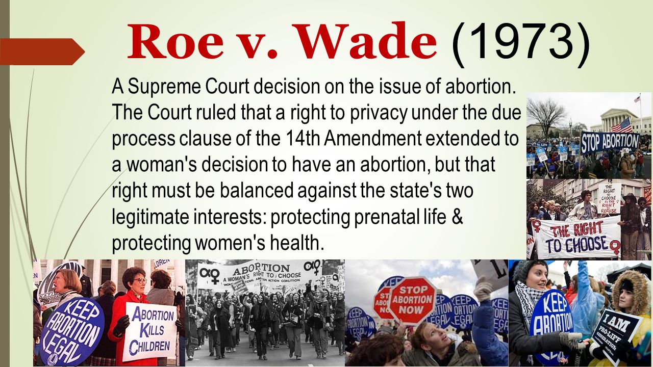 Roe v. Wade (1973) A Supreme Court decision on the issue of abortion.