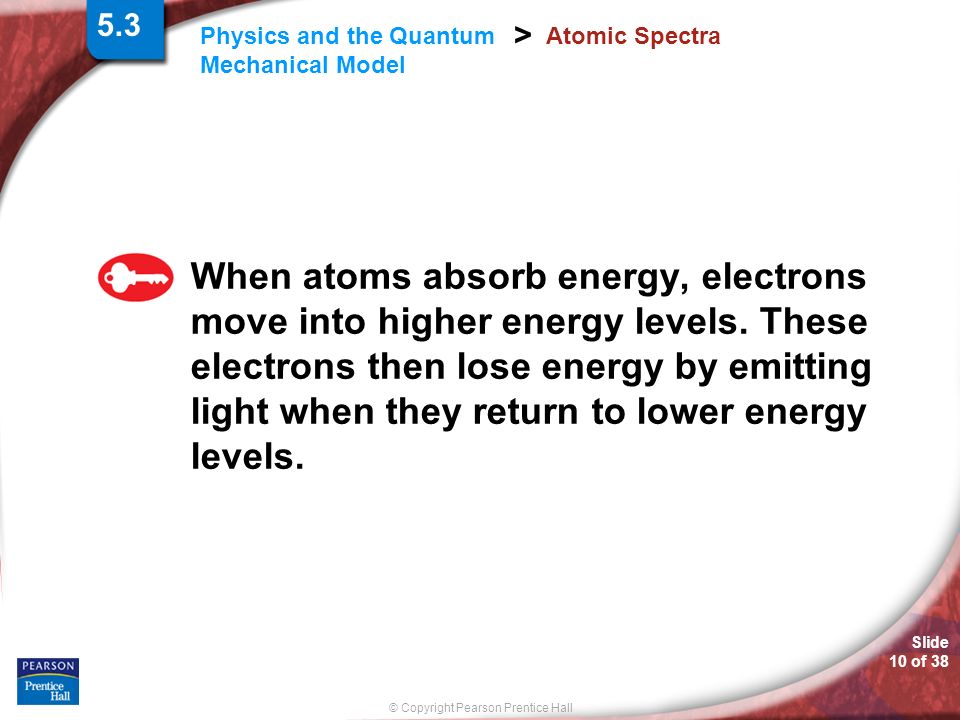 © Copyright Pearson Prentice Hall Slide 10 of 38 Physics and the Quantum Mechanical Model > Atomic Spectra When atoms absorb energy, electrons move into higher energy levels.
