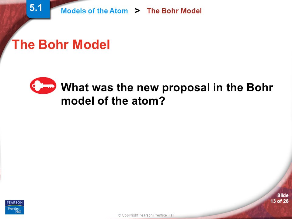 © Copyright Pearson Prentice Hall Models of the Atom > Slide 13 of 26 The Bohr Model What was the new proposal in the Bohr model of the atom.