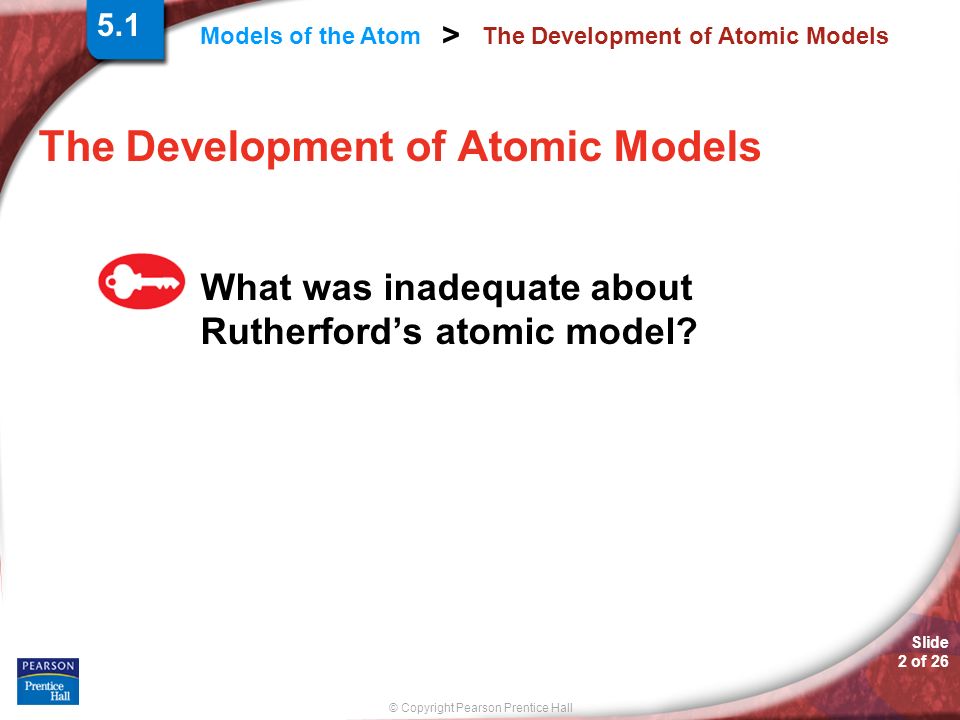 © Copyright Pearson Prentice Hall Models of the Atom > Slide 2 of 26 The Development of Atomic Models What was inadequate about Rutherford’s atomic model.