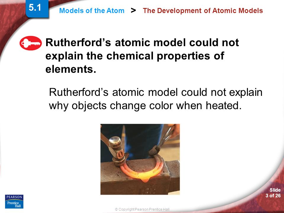 Slide 3 of 26 © Copyright Pearson Prentice Hall Models of the Atom > The Development of Atomic Models Rutherford’s atomic model could not explain the chemical properties of elements.