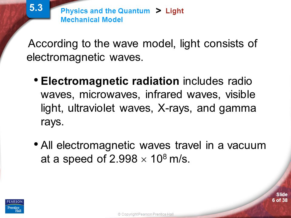 Slide 6 of 38 © Copyright Pearson Prentice Hall Physics and the Quantum Mechanical Model > Light According to the wave model, light consists of electromagnetic waves.