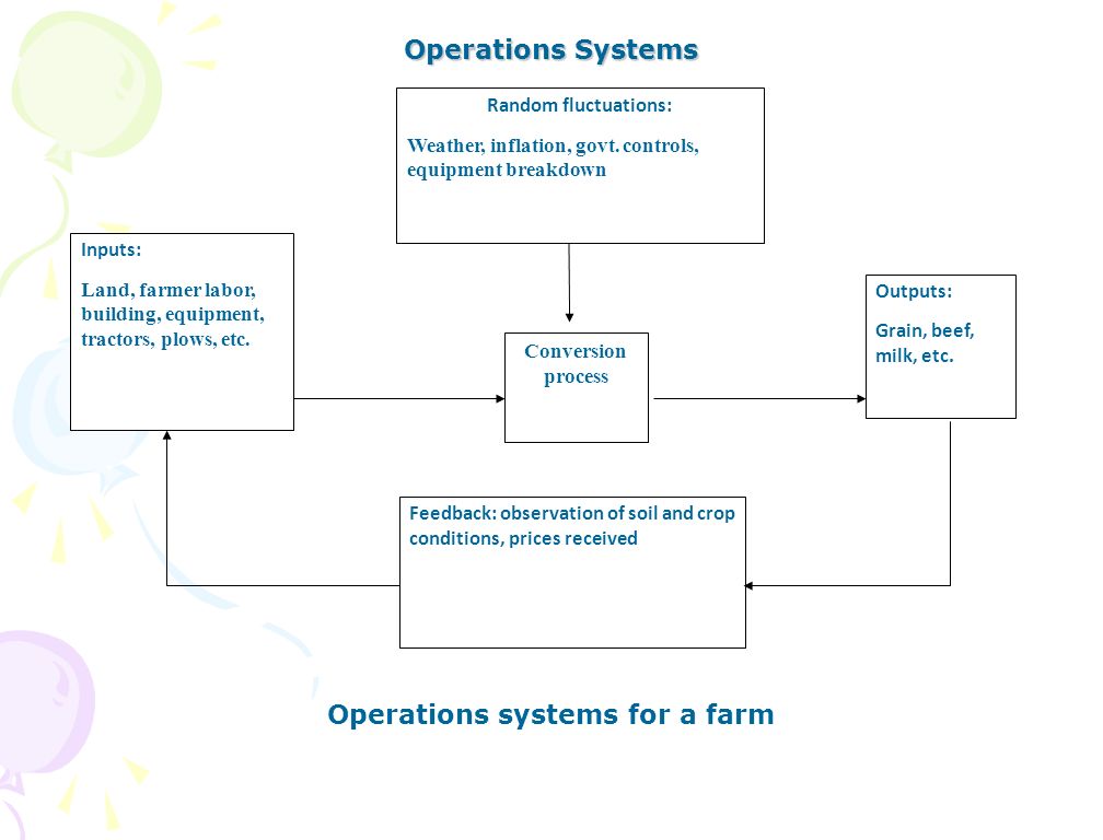 Operations Systems Operations systems for a farm Feedback: observation of soil and crop conditions, prices received Inputs: Land, farmer labor, building, equipment, tractors, plows, etc.