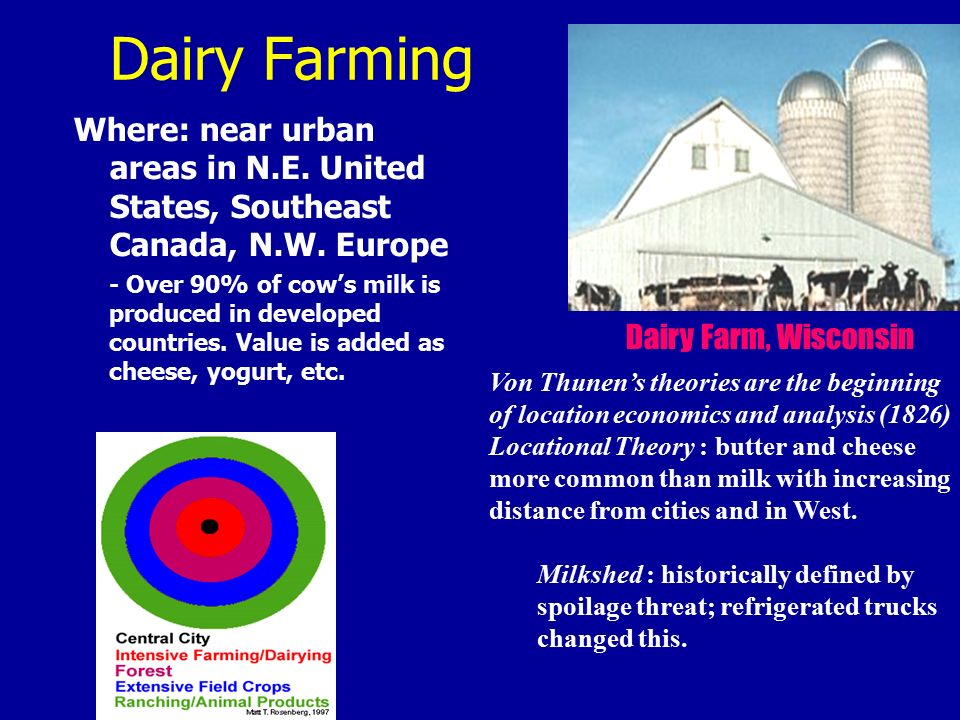 Dairy Farming Where: near urban areas in N.E. United States, Southeast Canada, N.W.