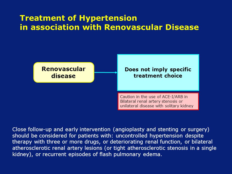 Treatment of Hypertension in association with Renovascular Disease Close follow-up and early intervention (angioplasty and stenting or surgery) should be considered for patients with: uncontrolled hypertension despite therapy with three or more drugs, or deteriorating renal function, or bilateral atherosclerotic renal artery lesions (or tight atherosclerotic stenosis in a single kidney), or recurrent episodes of flash pulmonary edema.
