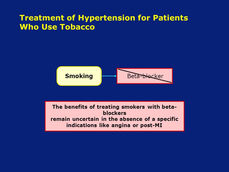 Treatment of Hypertension for Patients Who Use Tobacco The benefits of treating smokers with beta- blockers remain uncertain in the absence of a specific indications like angina or post-MI SmokingBeta-blocker