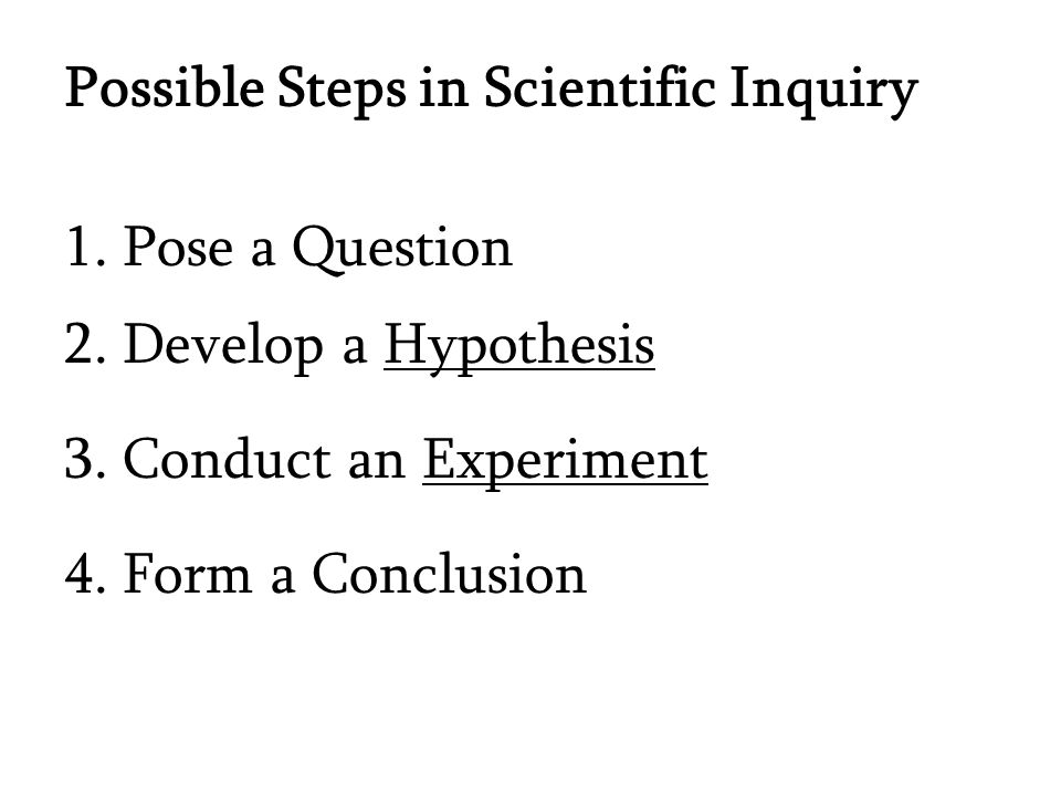 1. Pose a Question 2. Develop a Hypothesis 3. Conduct an Experiment 4.