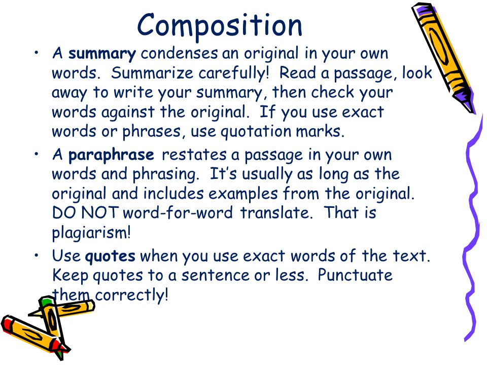 Composition After you have researched enough information to begin composing your research paper, focus on three main points of interest that you discovered in your research.