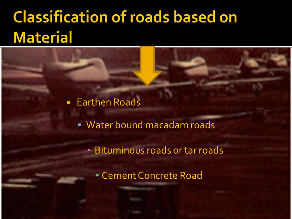  Earthen Roads  Water bound macadam roads ▪ Bituminous roads or tar roads ▪ Cement Concrete Road