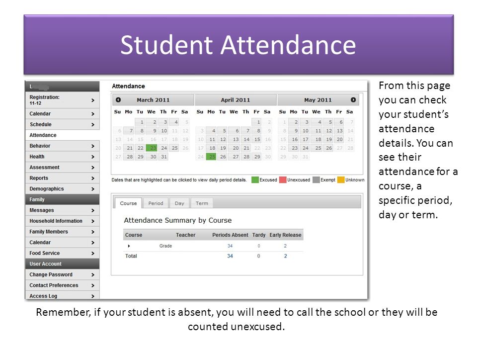 Student Attendance From this page you can check your student’s attendance details.