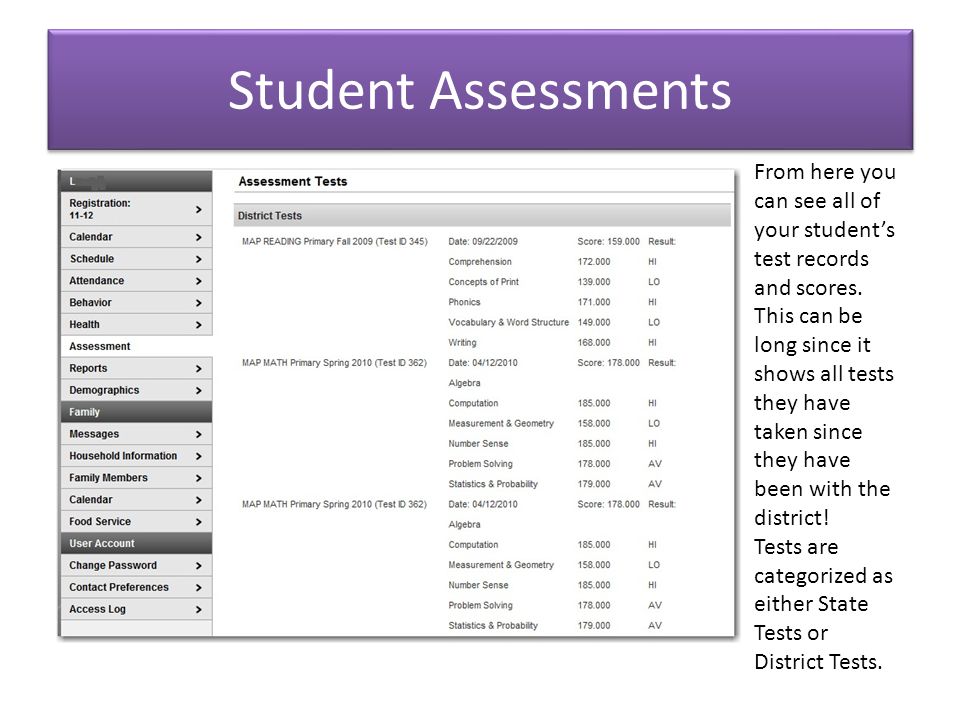Student Assessments From here you can see all of your student’s test records and scores.