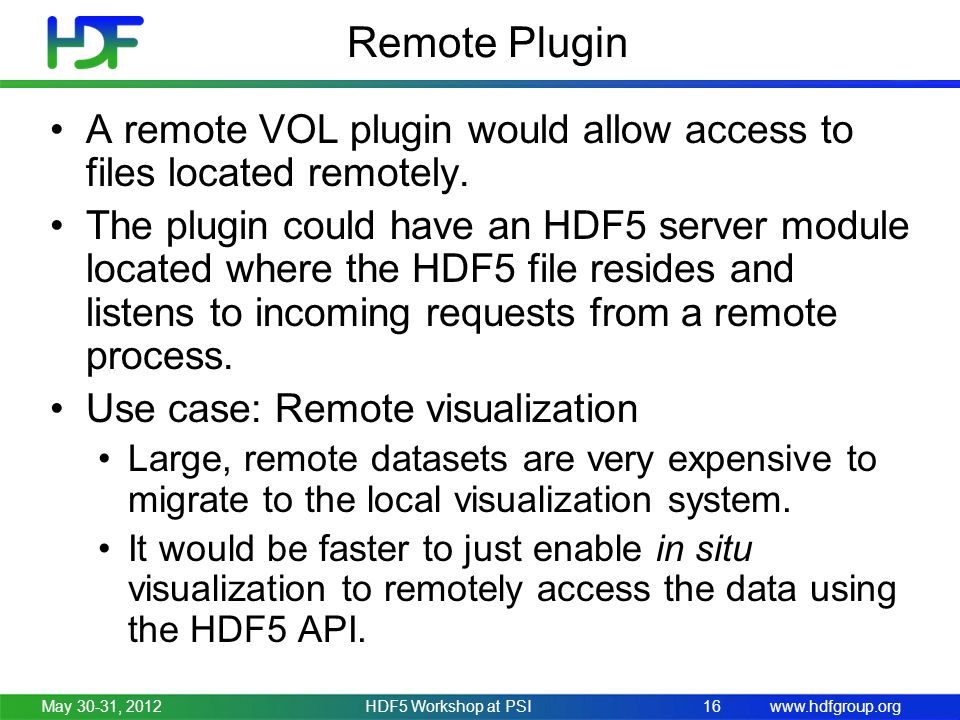 Remote Plugin A remote VOL plugin would allow access to files located remotely.