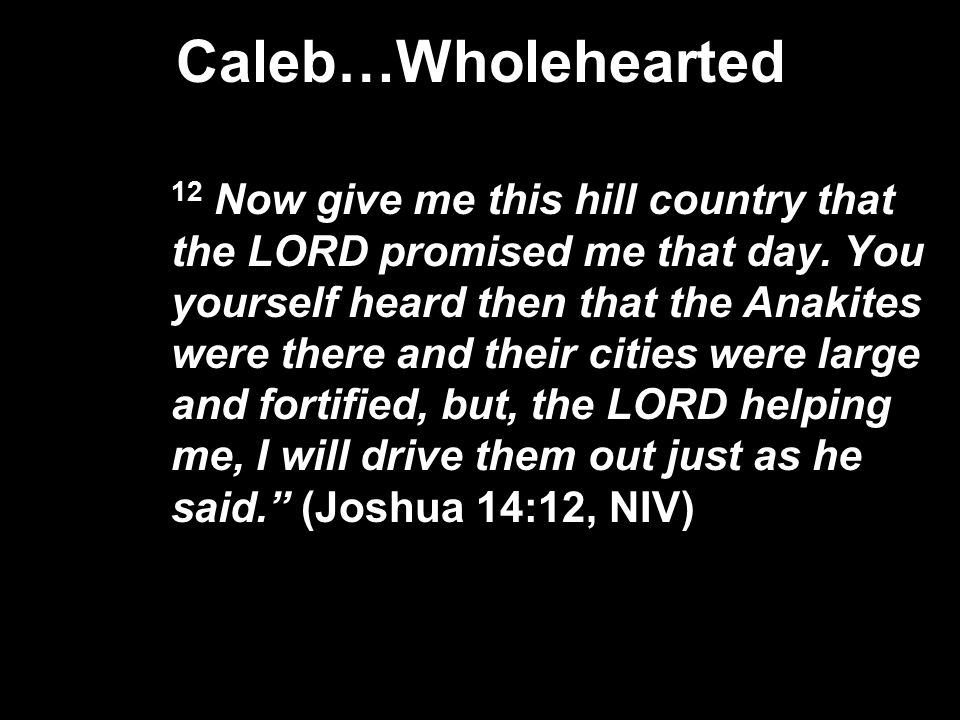 Caleb…Wholehearted 12 Now give me this hill country that the LORD promised me that day.