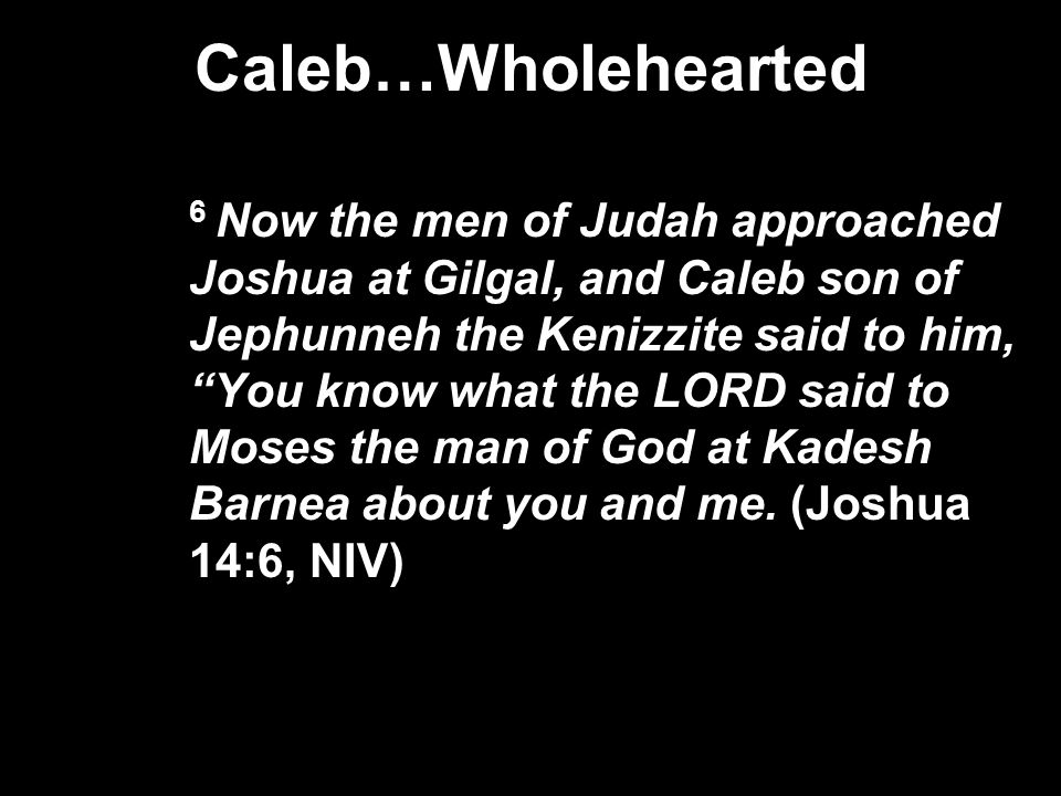 Caleb…Wholehearted 6 Now the men of Judah approached Joshua at Gilgal, and Caleb son of Jephunneh the Kenizzite said to him, You know what the LORD said to Moses the man of God at Kadesh Barnea about you and me.