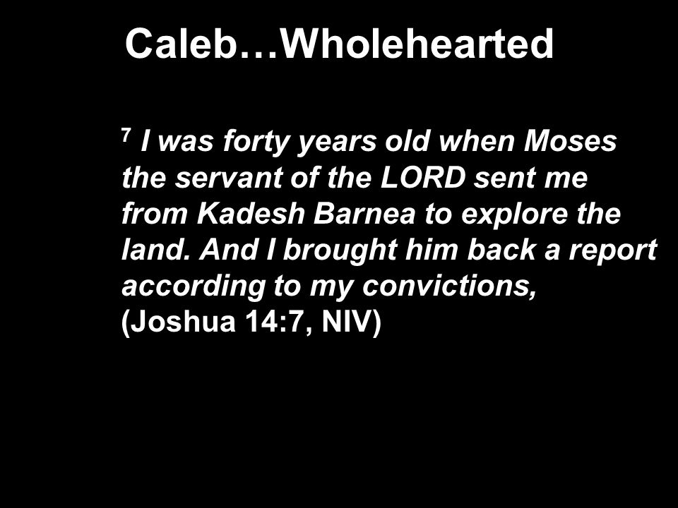 Caleb…Wholehearted 7 I was forty years old when Moses the servant of the LORD sent me from Kadesh Barnea to explore the land.