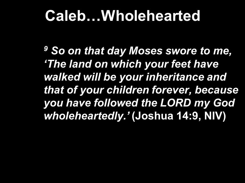 Caleb…Wholehearted 9 So on that day Moses swore to me, ‘The land on which your feet have walked will be your inheritance and that of your children forever, because you have followed the LORD my God wholeheartedly.’ (Joshua 14:9, NIV)