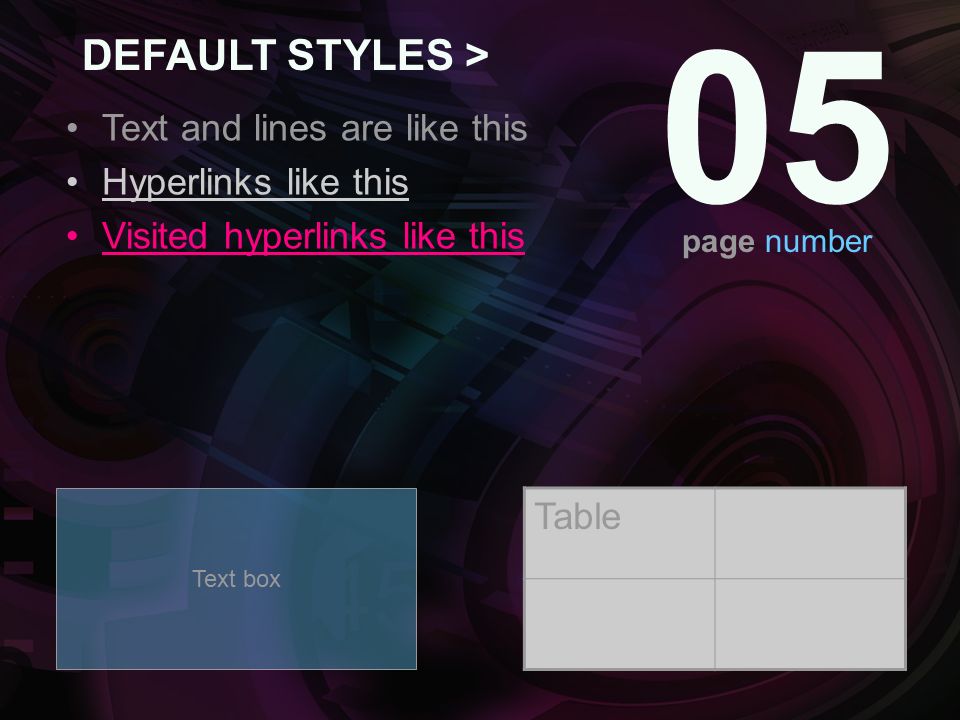 05 Text and lines are like this Hyperlinks like this Visited hyperlinks like this Table Text box DEFAULT STYLES > page number