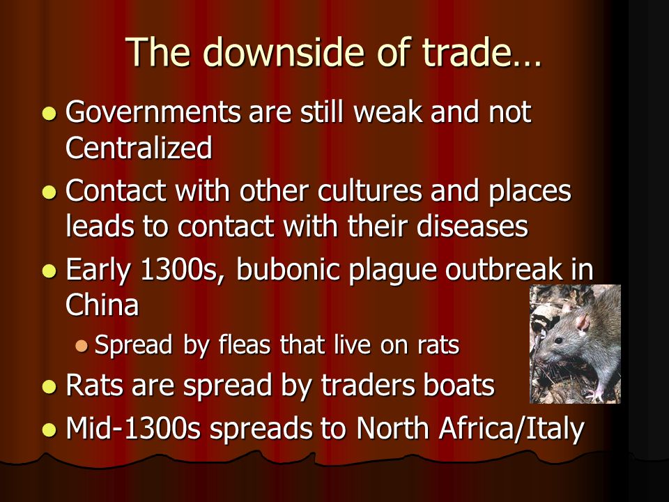 The downside of trade… Governments are still weak and not Centralized Governments are still weak and not Centralized Contact with other cultures and places leads to contact with their diseases Contact with other cultures and places leads to contact with their diseases Early 1300s, bubonic plague outbreak in China Early 1300s, bubonic plague outbreak in China Spread by fleas that live on rats Spread by fleas that live on rats Rats are spread by traders boats Rats are spread by traders boats Mid-1300s spreads to North Africa/Italy Mid-1300s spreads to North Africa/Italy