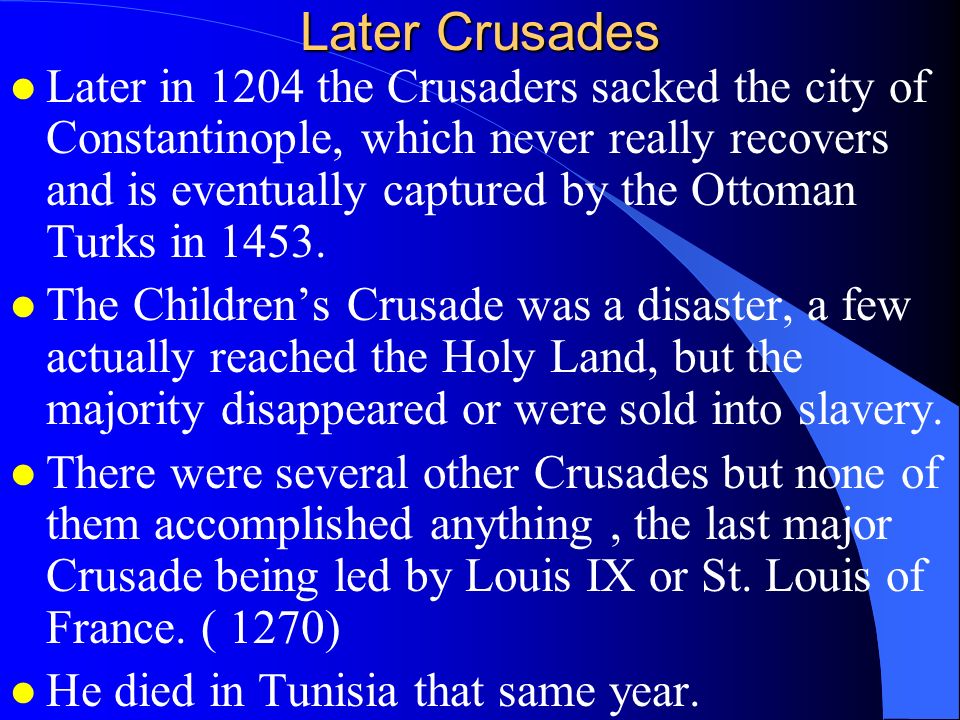 The The 3 rd and 4 th Crusades l In 1187 Saladin the Seljuk ruler recaptured the city of Jerusalem.